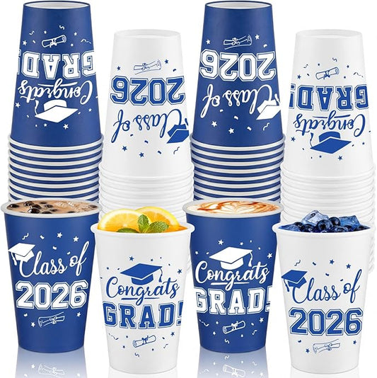 LemonRoad 60 Pcs 12 oz Graduation Paper Cups 2026 Blue and White Graduation Decorations Class of 2026 Grad Cups Congrats Grad Party Disposable Tablewares for School Party Supplies Home