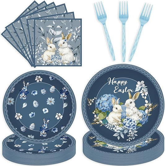 Easter Party Decorations Set, Bunny Hydrangea Easter Disposable Plates Napkins Forks Set, Holiday Dinnerware Paper Plates and Napkins for Spring Birthday Party for 24 Guests