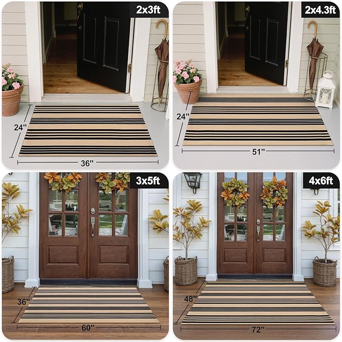 OJIA Front Door Mat Outdoor 24''x35'' Washable Front Door Rug Black and Tan Entry Rug Indoor Outdoor Rugs Doormat Cotton Woven Striped Small Area Rugs for Porch/Bathroom/Farmhouse/Home Entrance
