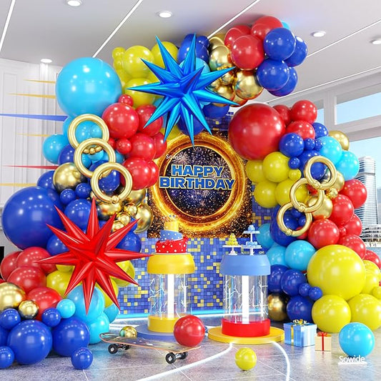 Red Blue Yellow Balloon Arch Kit, Cartoon Game Theme Balloon Garland with Explosion Star Foil Balloons for Kids Action Birthday Carnival & Baby Shower Decorations