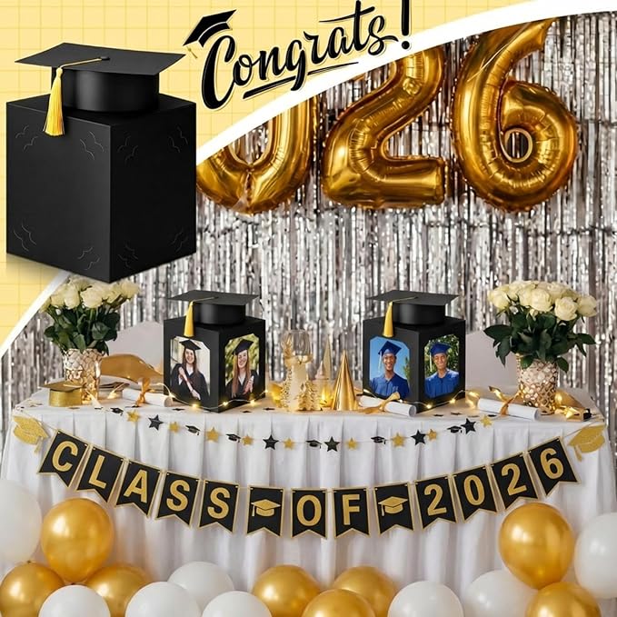 Spiareal 6 Pcs Black Graduation Table Centerpieces Box with Hat, 6/7 Inch Picture Box Centerpieces for Table Photo Props Frame Congrats Grad Decorations for Graduation Wedding