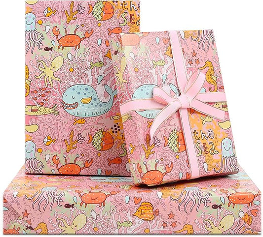 Under the Sea Wrapping Paper for Girls Kids Boys, 6 Sheets Pink Ocean Coral Sea Star Crab Octopus Whale Beach Coastal Gift Wrap Paper, 20 x 28 inch Per Sheet Gift Paper for Birthday, Baby Shower
