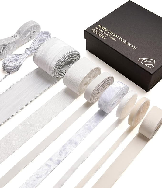 Vitalizart White Velvet Ribbon 9 Rolls with Gift Tags Luxury Textured Ribbon for Christmas Gift Wrapping Tree Ornaments Bows Wreaths Holiday Decorations
