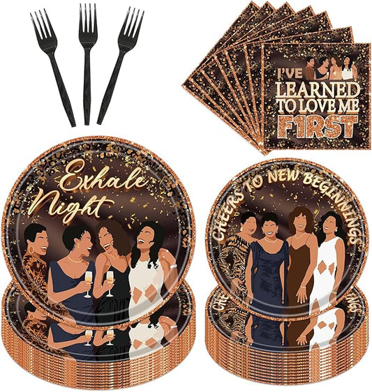 Exhale Night Party Decorations Tableware, 96PCS Elegant Women Silhouette Brown Gold Disposable Paper Plates and Napkins Decorations, Girls Ladies Night Forks Birthday Decor Supplies Serve 24