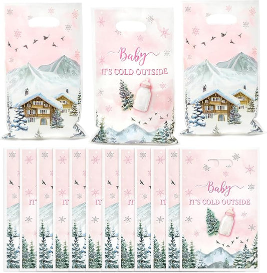 Haooryx Winter Camp Gift Bag - 50Pcs Pink Winter Wonderland Snowflake Adventure Plastic Pack Happy New Year Holiday Gift Wrap Presents Party Favor Goodie Bags Handles Bulk Gifts Wrapping Reusable Tote