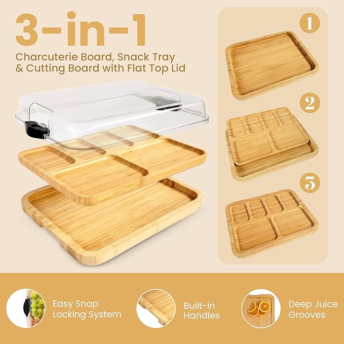 Charcuterie Board with Lid 3-in-1, Portable Bamboo Serving Tray with Lid & Removable Snack Tray for Cheese, Fruit, Food - Covered Cheese Platter for Picnic, Travel, Ready-to-Gift