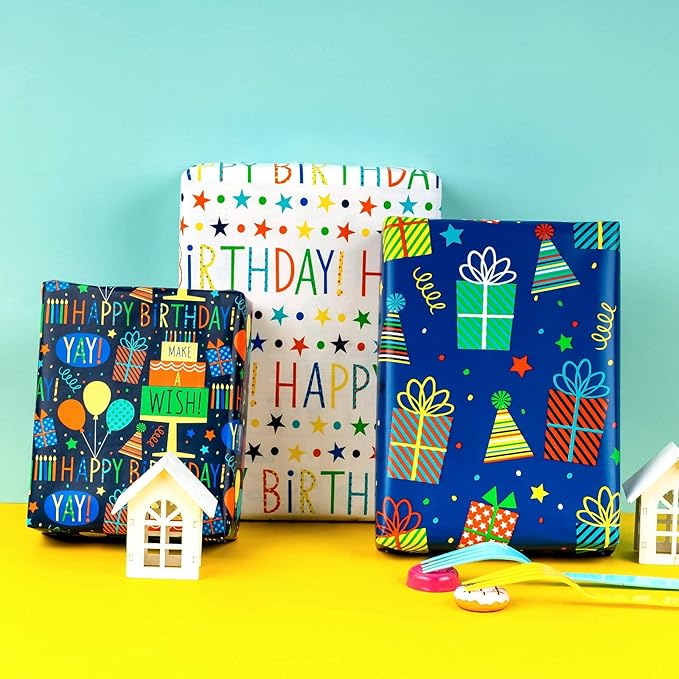 MAYPLUSS Blue Birthday Wrapping Paper Roll - 17 X 120 Inch - Colorful Happy Lettering, Cake, Gift Box Pattern for Kid Boys Party, Baby Shower, Holiday