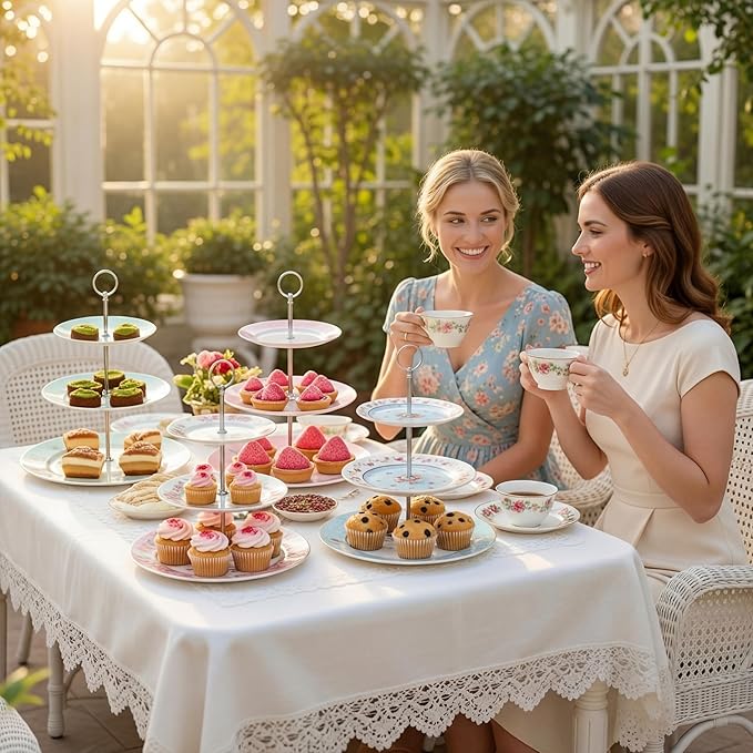 Dandat 4 Pcs 3 Tier Tea Party Cake Stand Floral Ceramic Cupcake Display Round Porcelain Cupcake Dessert Tower Tray Pastry Serving Tray Platter for Tea Party Wedding Birthday, 4 Designs