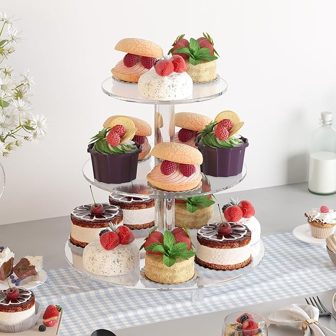 3 Tier Acrylic Cupcake Stand (6", 8", 10") with 4" Spacing - Clear Dessert Tower with Solid Rods - Stable Cake Display for Smash Cakes, Weddings & Party Decor (Clear)
