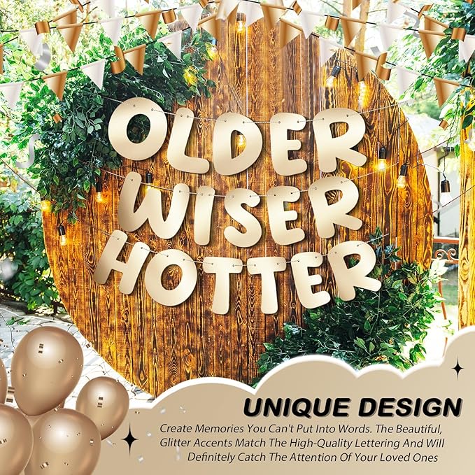 Fulmoon Set of 3 Pre Strung Older Wiser Hotter Glitter Banner Funny Birthday Banner for Women 30th 40th 50th 60th 70th 80th Birthday Party Decorations Sign Gift(Shiny Champagne Gold)