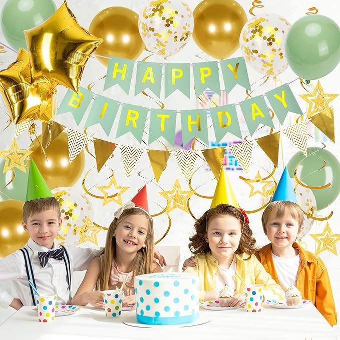 Green Gold Birthday Decorations, Happy Birthday Banner and Gold Star Balloons, Glitter Hanging Stars with Hanging Swirls, Bunting Banner, for Women Men Boys Party Decoration