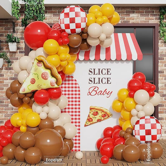 Pizza Balloon Garland Arch Kit 140Pcs Red Yellow Brown Sand White Balloons with Pizza and Red Checked Foil Balloons for Barbeque Gender Reveal Baby Shower Slice Slice Baby Party Decorations