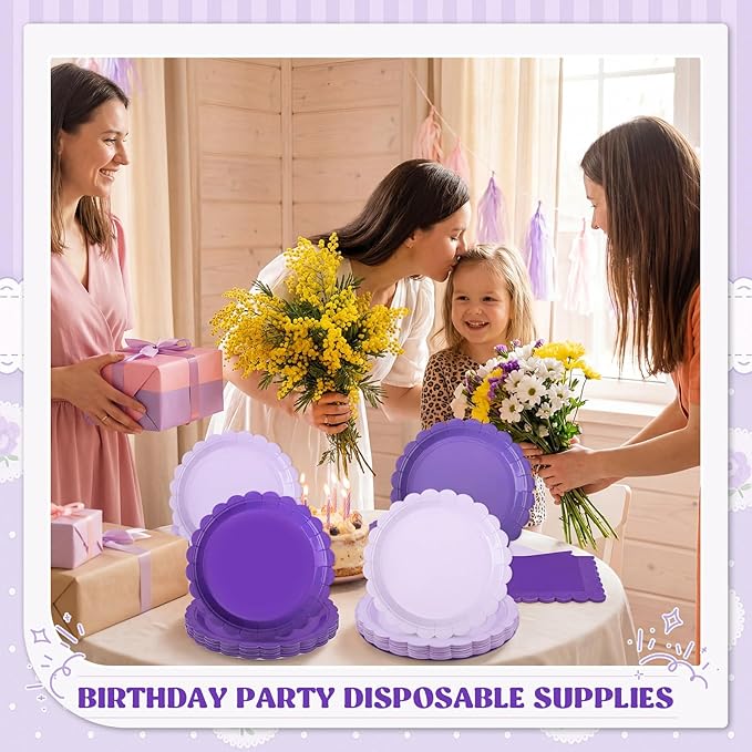 120 Pcs Paper Plates and Napkins Party Supplies Bulk Disposable 7 Inch Scalloped Plates Cocktail Napkins for Wedding Bridal Baby Shower Birthday Decorations, Serve 60(Purple Series)