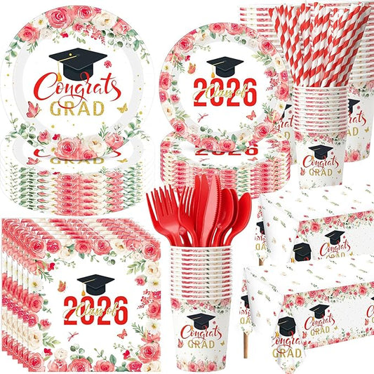 Funnymoom 452 Pcs 2026 Red Floral Graduation Decoration for 50, Class of 2026 Red White Gold Grad Paper Plates Napkins Cups Tablecloth Cutlery Straws for College School Congrats Grad Party Supplies
