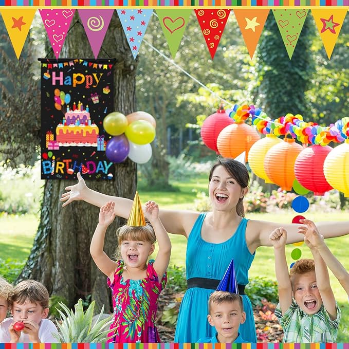 Tegeme 3 Pcs Happy Birthday Banner Decor Colorful Happy Birthday Party Door Hanging Decorations Hanging Black Banner Party Supplies for Kids Girls Boys Porch Wall Door Sign