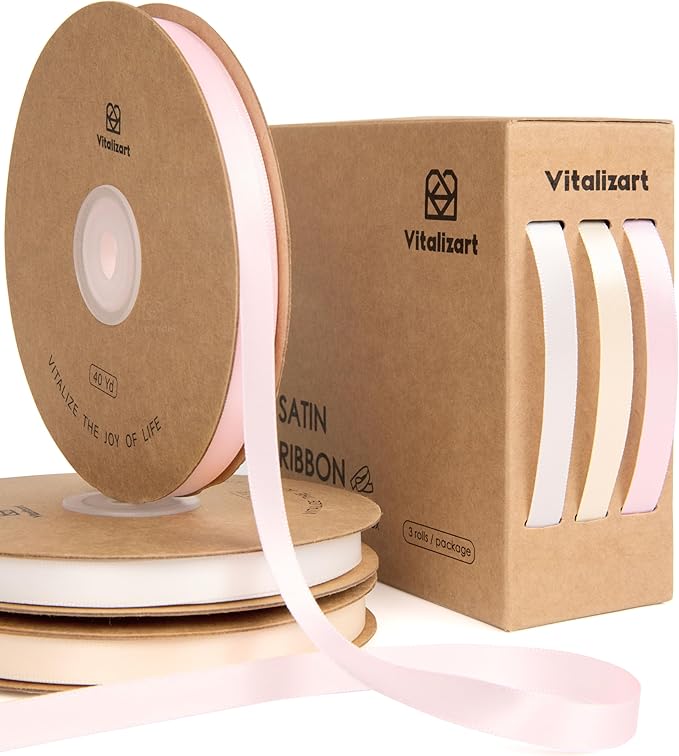 Vitalizart Pink & White Satin Ribbon 3/8” x 3 Rolls 120 Yards Ribbon for Gift Wrapping Hair Craft Party Decoration Flower Bouquet Wedding Double Face Light Pink Cream White