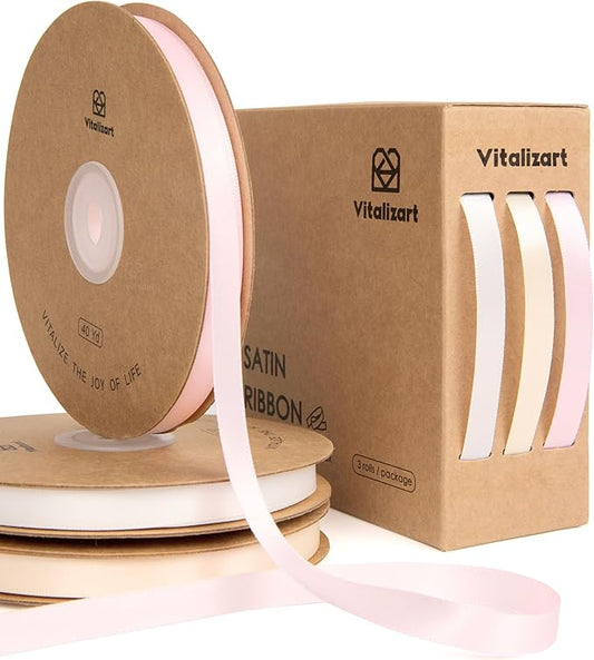 Vitalizart Pink & White Satin Ribbon 3/8” x 3 Rolls 120 Yards Ribbon for Gift Wrapping Hair Craft Party Decoration Flower Bouquet Wedding Double Face Light Pink Cream White