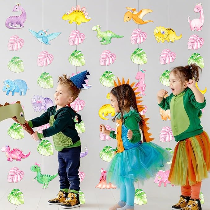8pcs Dinosaur Theme Party Hanging Garlands Pink Dinosaur Birthday Party Ceiling Garland Decorations for Girls Dino Theme Birthday Baby Shower Supplies