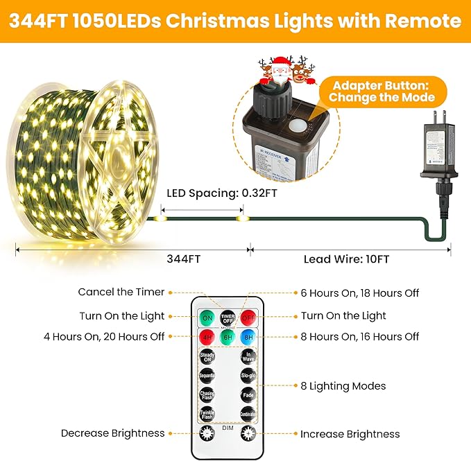 Larkvue 344FT 1050 LEDs String Lights with Remote, Dimmable 8 Modes Timer & Memory Function Fairy Rope Light for Christmas Indoor Decor-Warm White