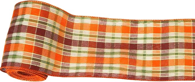 Meseey 4 Inch x 10 Yards Orange Burgundy Green White Plaid Wired Ribbon, Fall Buffalo Plaid Wired Edge Ribbons for Large Wreaths, Big Bows, Gift Wrapping, Thanksgiving & Halloween Decor