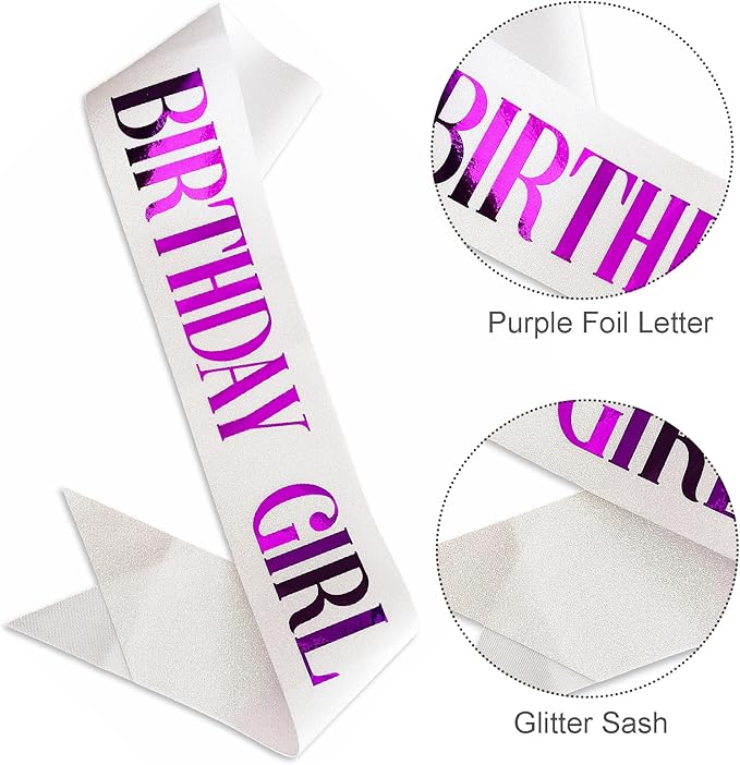 Birthday Sash for Girl, Purple Foil Letter Glitter White Birthday Girl Sash for 10th 11th 13th 16th 18th 21st Bday Gifts Party Suppiles Favors