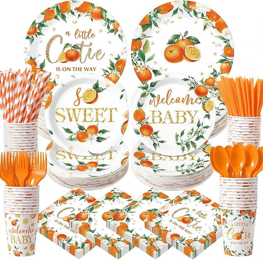 450 Pcs Little Cutie Baby Shower Tableware Set Decorations A Little Cutie is on the Way Paper Plates Disposable Napkins Cups Cutlery Straws for Orange Fruit Birthday Party Supplies, Serves 50