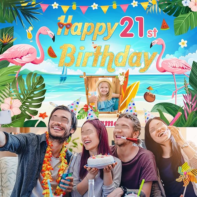 Custom Flamingo Theme 21st Birthday Decorations Banner - Personalized Fabric Banner for 21st Birthday Party Supplies