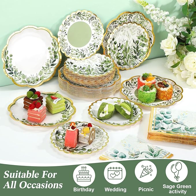 144 Pcs 48 Guests Sage Green Party Plates and Napkins Scalloped Green Eucalyptus Paper Plates Napkins Disposable Tableware for Birthday Bridal Baby Shower Wedding Decorations Party Supplies