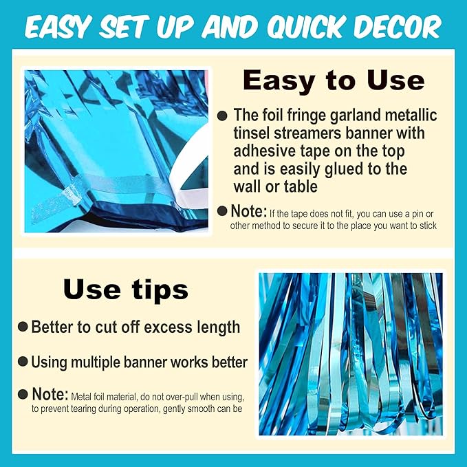 4 Pack 10 Ft Light Blue Foil Fringe Garland Metallic Streamers Tinsel Banner Wall Hanging Garland Backdrop for Parade Floats, Halloween, Christmas, Thanksgiving, New Year Party Decorations