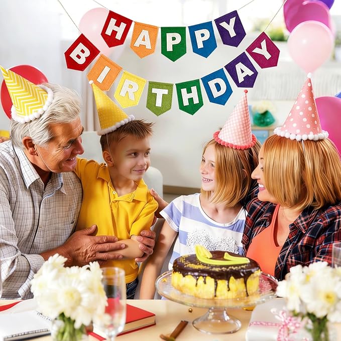 Happy Birthday Banner, Colorful Felt Birthday Garland Party Decorations, Reusable Hanging Banner Decor for Kids Women Birthday Party, Home Office Decoration