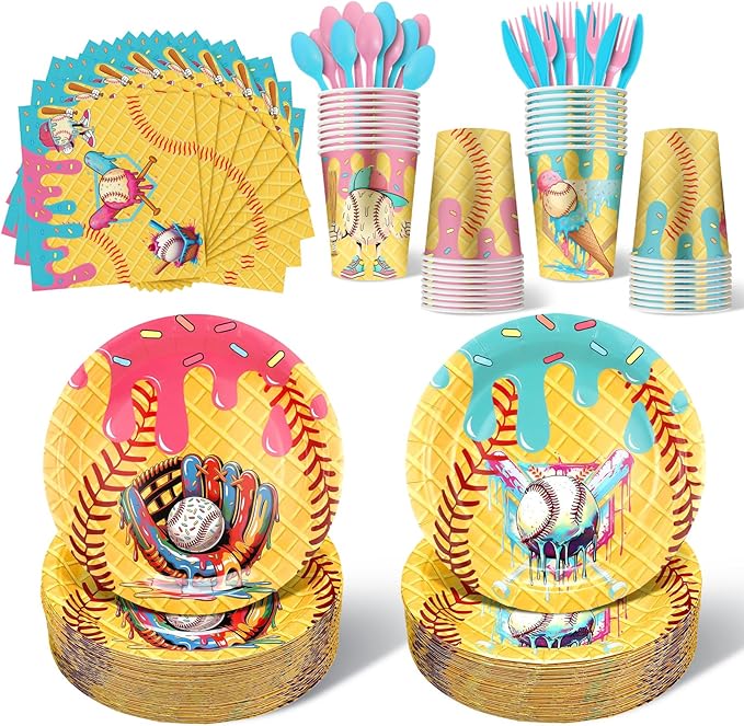FoldTier 175 Pcs Ice Cream Drip Baseball Birthday Party Decorations Set Ice Cream Paper Plates Napkins Fork Set Disposable Fairy Tableware Decorations Supplies for Baby Shower Dinner Serves 25