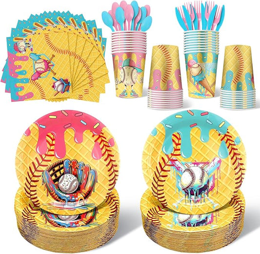 FoldTier 175 Pcs Ice Cream Drip Baseball Birthday Party Decorations Set Ice Cream Paper Plates Napkins Fork Set Disposable Fairy Tableware Decorations Supplies for Baby Shower Dinner Serves 25