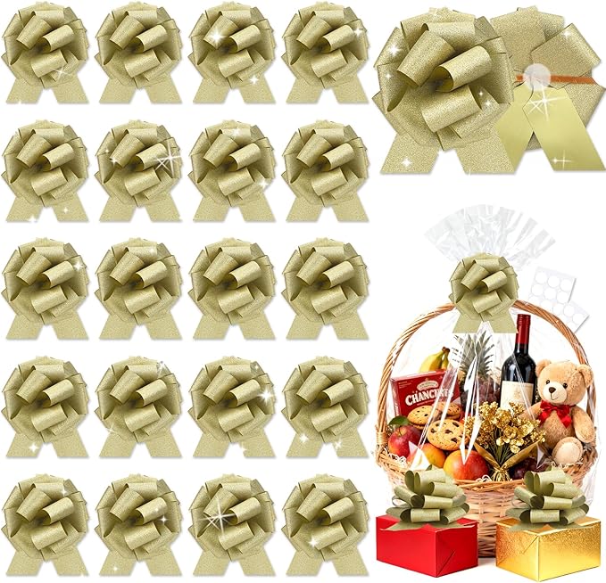 20 pcs Gold Pull Bow for Gift Basket Wrapping Xmas Gift Bows Presents Adhesive Wrap Ribbon Bow for Christmas Tree Ornament Wine Bottles Bouquet Flower Valentine's Day Party Decor (Gold-L)