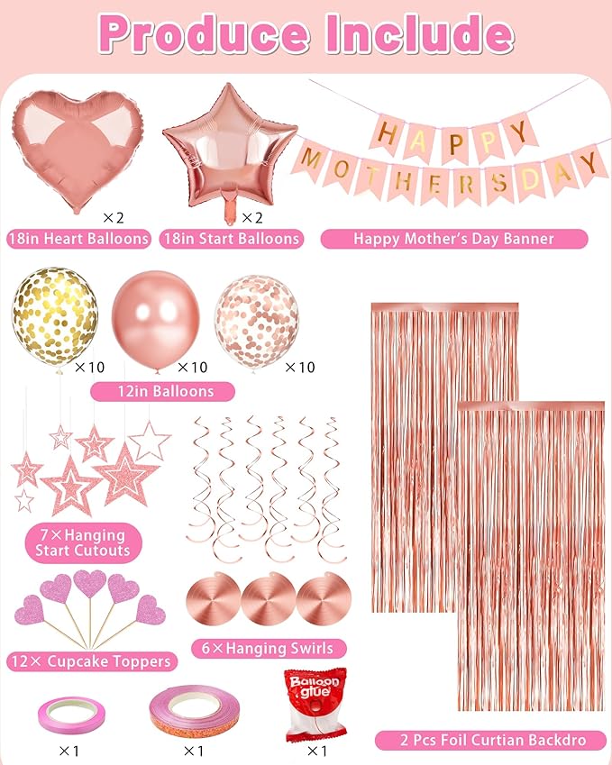 Lutoys Rose Gold Happy Mothers Day Decorations, Happy Mother’s Day Banner, Rose Gold Foil Heart Star Confetti Balloons Curtain Backdrop Hanging Swirls Party Decor for Mom Women
