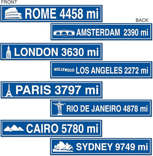 Beistle Pack of 4 Travel Street Sign Cutouts in Blue/White, International Themed Party Wall Hanging Decorations, History, Georgraphy Classroom Decor