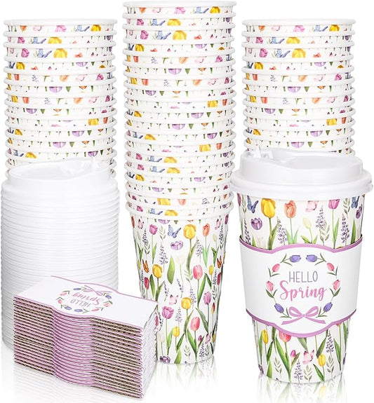 Whaline 50 Pcs Spring Tulip Floral Disposable Coffee Cups with Lids and Sleeves 16 Oz Hello Spring Flower To Go Paper Cups Beverage Drinking Cup for Birthday Wedding Baby Shower Table Decor Supplies