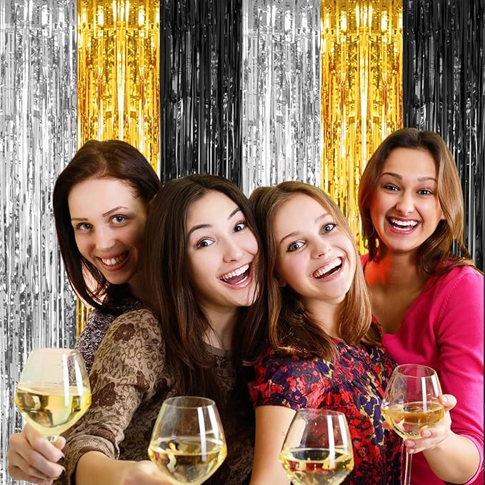 PIGETALE, 2 Pack 3.2x8.2 Feet Silver Black and Gold Tinsel Foil Fringe Curtains Streamers Backdrop for Bridal Baby Shower Wedding Engagement Birthday Graduation Bachelorette Holiday Party Decorations