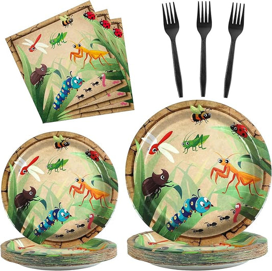 Qyeahkj 100 Pcs Bug Party Plates Napkins Supplies, Spring Summer Ladybugs Bee Reptile Birthday Party Tableware Set Insect Birthday Party Decorations Favors for Boys Girls Serve 25