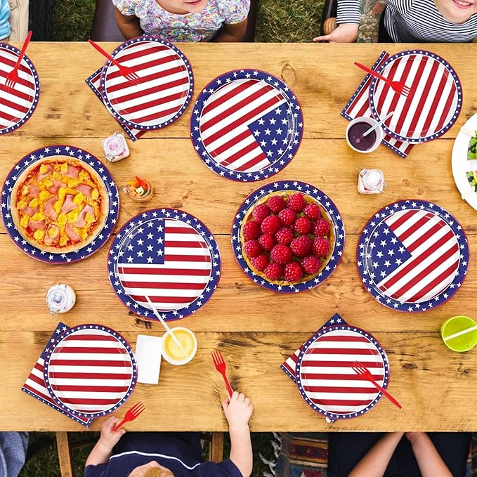96Pcs 4th of July Patriotic Party Supplies Memorial Day Patriotic Paper Plates and Napkins US American Flag Disposable Tableware for 4th of July 250th Anniversary Party Decorations Serve 24