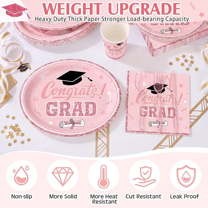 Pajean 350 Pcs Pink and Gold Graduation Decorations Class of 2026 Disposable 12 inch Oval Plates Napkins Heavy Duty Paper Oval Tableware Set for 50 Guests College High School Grad Party Supplies
