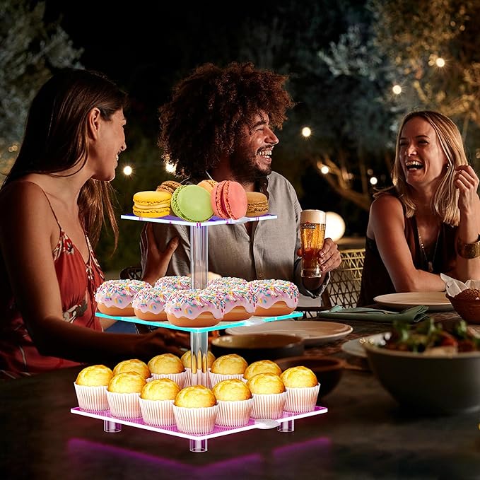 LED Acrylic Cupcake Stand, 3 Tier Cupcake Stand with Rechargeable Light, Clear Cupcake Tower Stand 24 Cupcakes, 7 color Cupcake Display Stands for Weddings, Birthdays,Party,Graduation