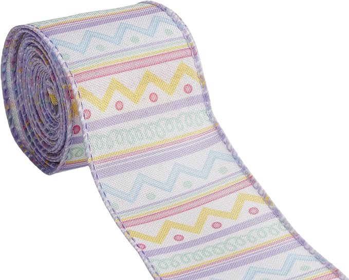 Meseey 2.5 Inch x 10 Yards Pastel Easter Chevron Wired Ribbon, Colorful Zigzag Wired Edge Ribbon for Easter Wreaths, Gift Wrapping, Easter Baskets, Crafts, Spring Party Decorations