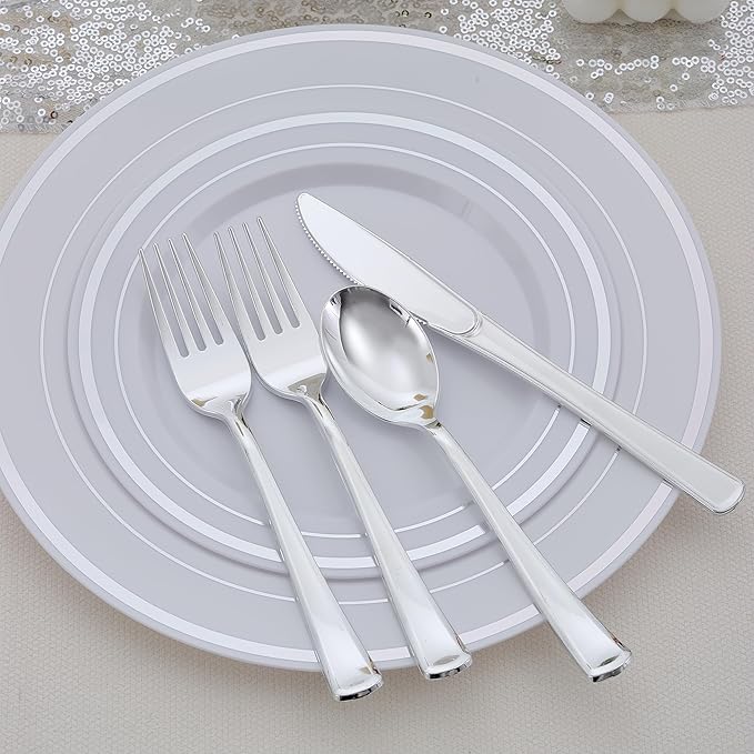 400 PCS Silver Plastic Silverware Set,Disposable Cutlery Set Heavy Duty Flatware for Party,Weddings-200 Silver Forks,100 Knives,100 Spoons