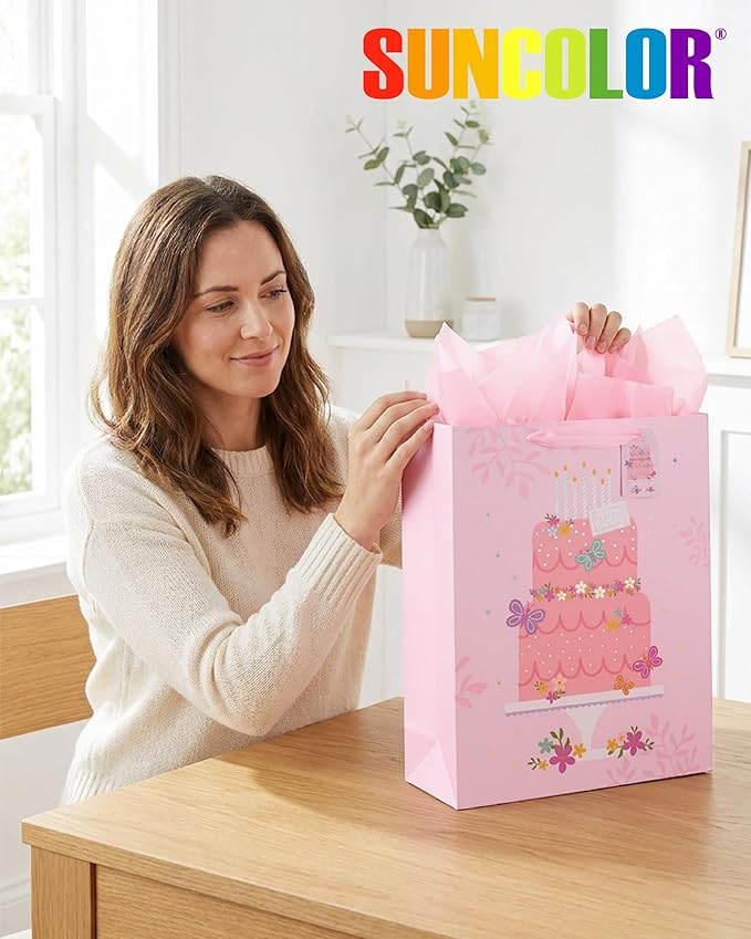 SUNCOLOR Extra Large Gift Bag with Tissue Paper for Girls Happy Birthday Party, 16 X12.6 X 5.7 Inch, Cake, For Birthday, Baby Shower, Children's Party