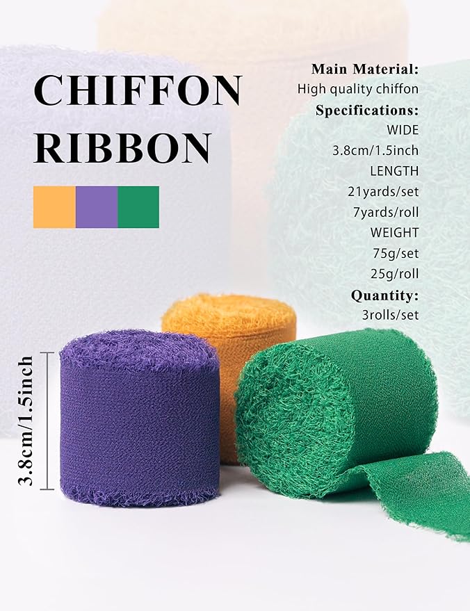 Chiffon Ribbon, Mardi Gras Party Decorations, 1.5''x21Yd Purple Green Yellow Frayed Fringe Silk Ribbon for Gift Wrapping, Floral Vase Decoration, Birthday, Engagement, Bridal Shower, 3 Rolls