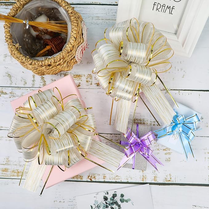20 PCS Large Pull Bow Gift Wrapping Bows, Pull Bow with Ribbon for Wedding Gift Baskets, Party Gift Wrap Bows, Presents Decorating Bows (White)