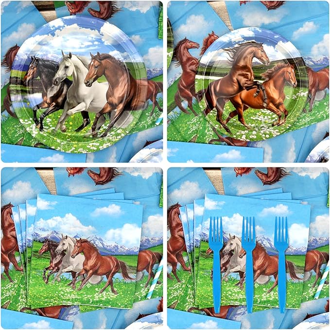 Horse Party Supplies - Horse Party Tableware - Dinner Plates, Dessert Plates, Napkins, Forks for Horse Racing Cowboy Western Boy Birthday Party Supplies Decorations, Serves 25