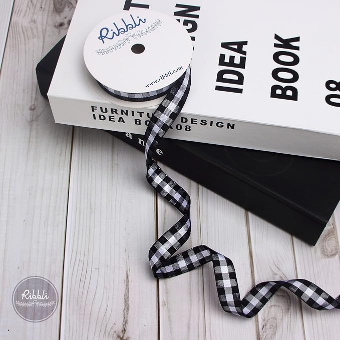 Ribbli Black and White Gingham Ribbon,100% Polyester Woven Edge,5/8 Inch x 10 Yard,Plaid Ribbon,Buffalo Checked Ribbon (Black B)