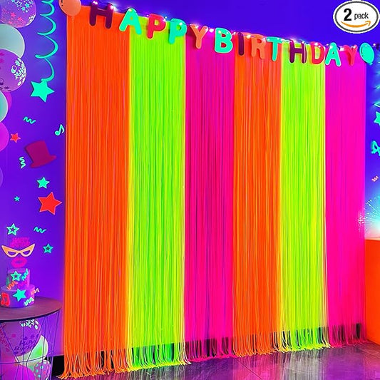 Aduck Glow in The Dark Party Supplies, Neon Party Decorations Foil Fringe Curtains with Tinsel Backdrop(2-Pack), Fluorescent Yellow/Orange/Pink Streamers for Photo Booth Birthday Decorations-6.6x6.6ft