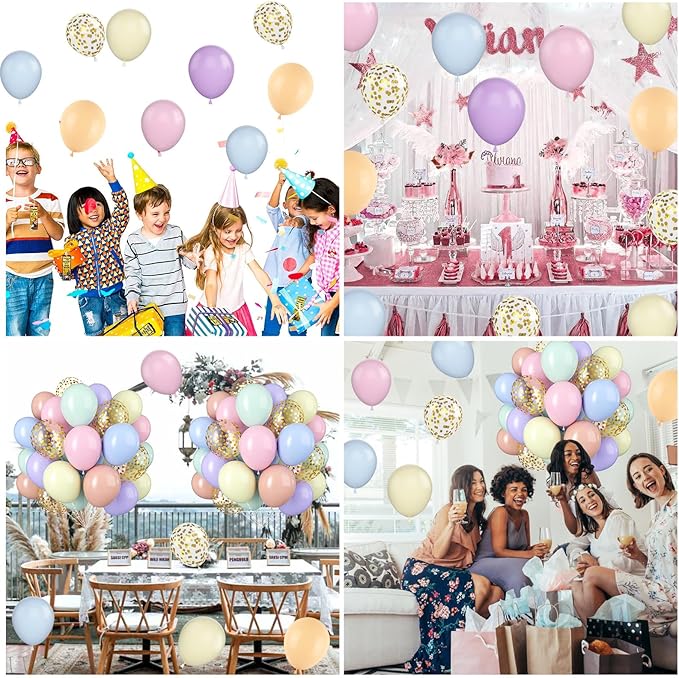 Pastel Balloons, 60 PCS Pastel Easter Balloons, 12 Inch Macaron Pink Blue Purple Green Yellow Orange Color Balloon Gold Confetti for Birthday Baby Shower Wedding Pastel Easter Party Decorations